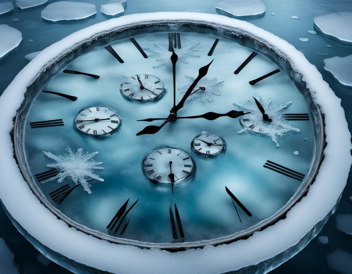 Surreal Frozen Clocks in Icy Lake