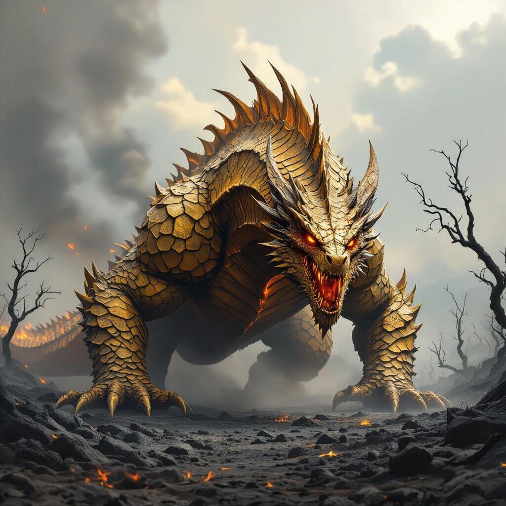 Wingless Dragon Dominates Blackened Battlefield in Dark Fant...