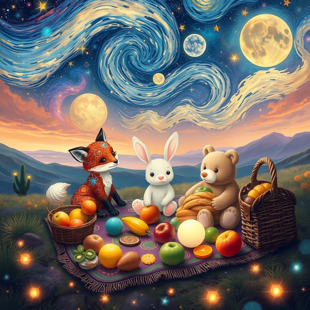 Galactic Picnic Wonderland with Baby Animals on a Vibrant Al...