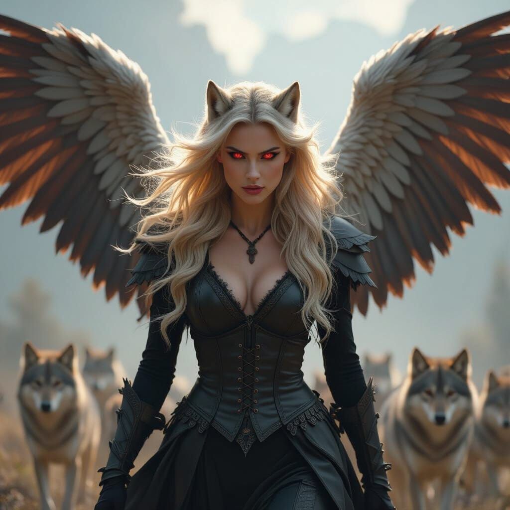 Female Werewolf With Goddess Wings Leads Wolf Pack