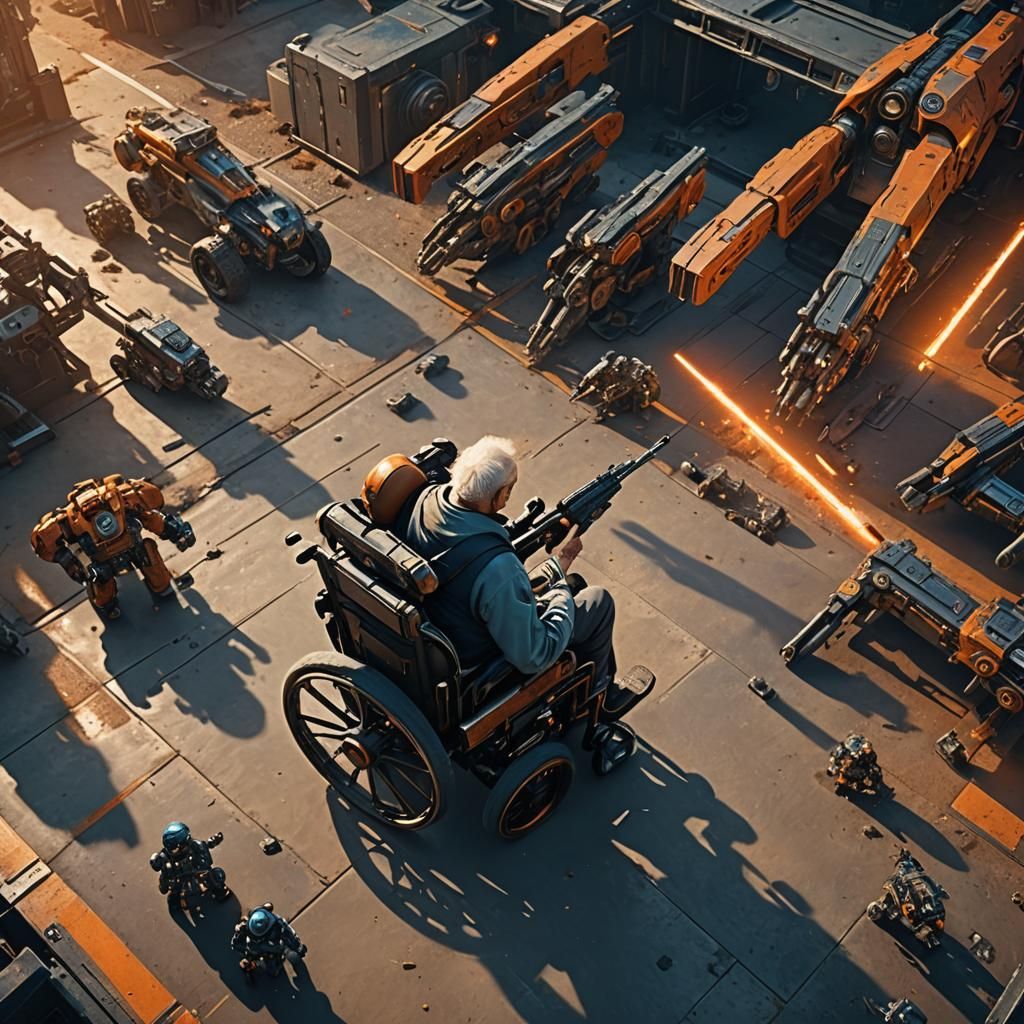 Sci-Fi Film Still: Armed Old Man in Wheelchair