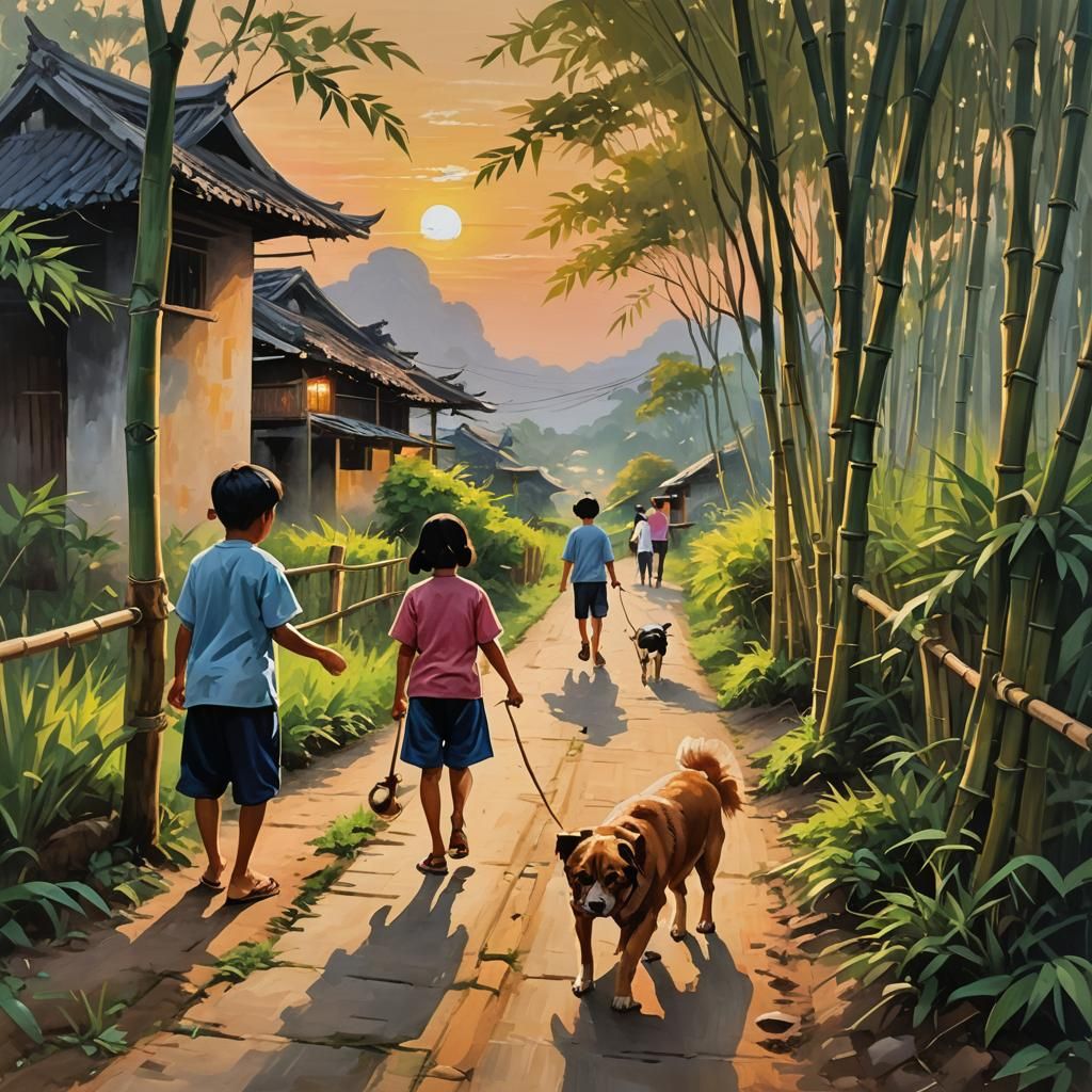 Vietnamese Village Path Painting at Dusk