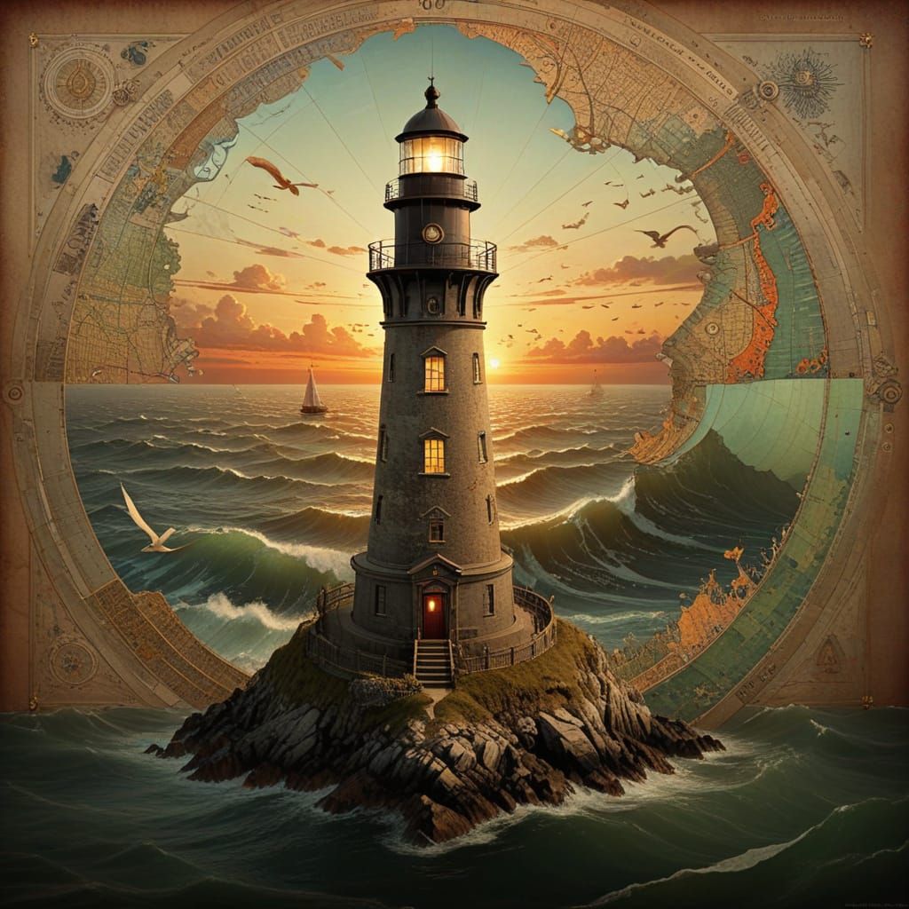 Luminous Lighthouse in Sunset Glory as Mixed Media Collage