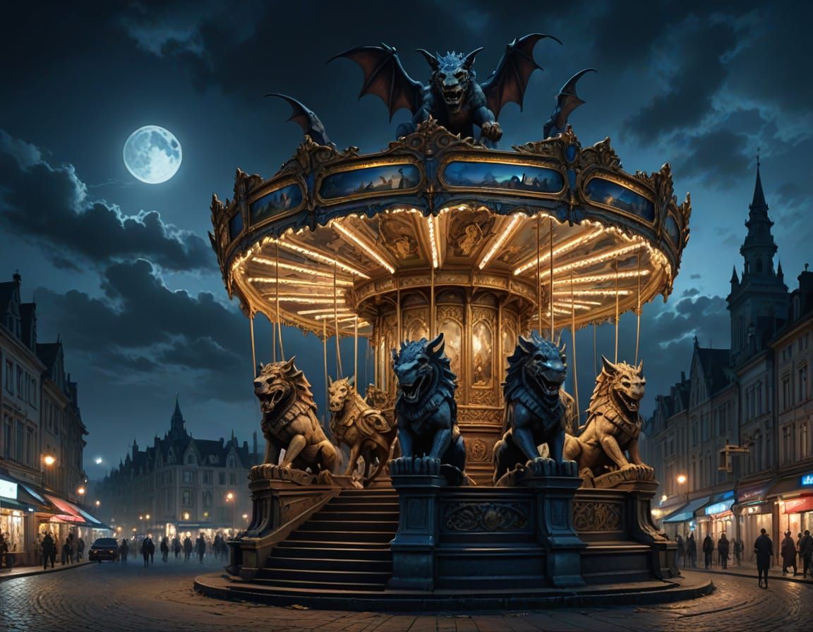 Victorian Gargoyle Carousel in Ruined City at Night