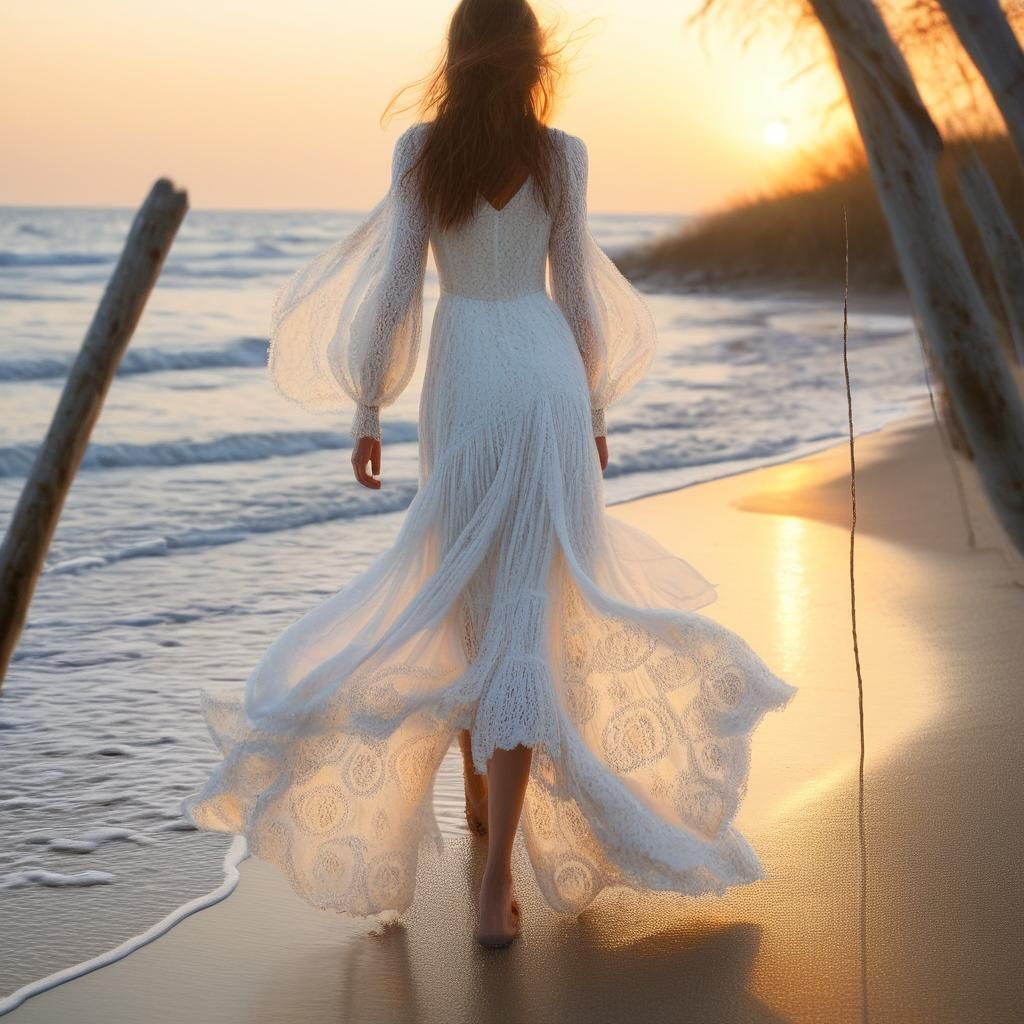 Woman in White Dress on Beach in Romanticism Style