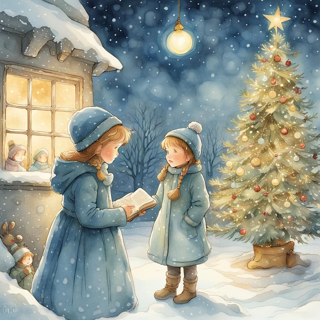 Girls Admire Christmas Tree in Watercolor Storybook Style