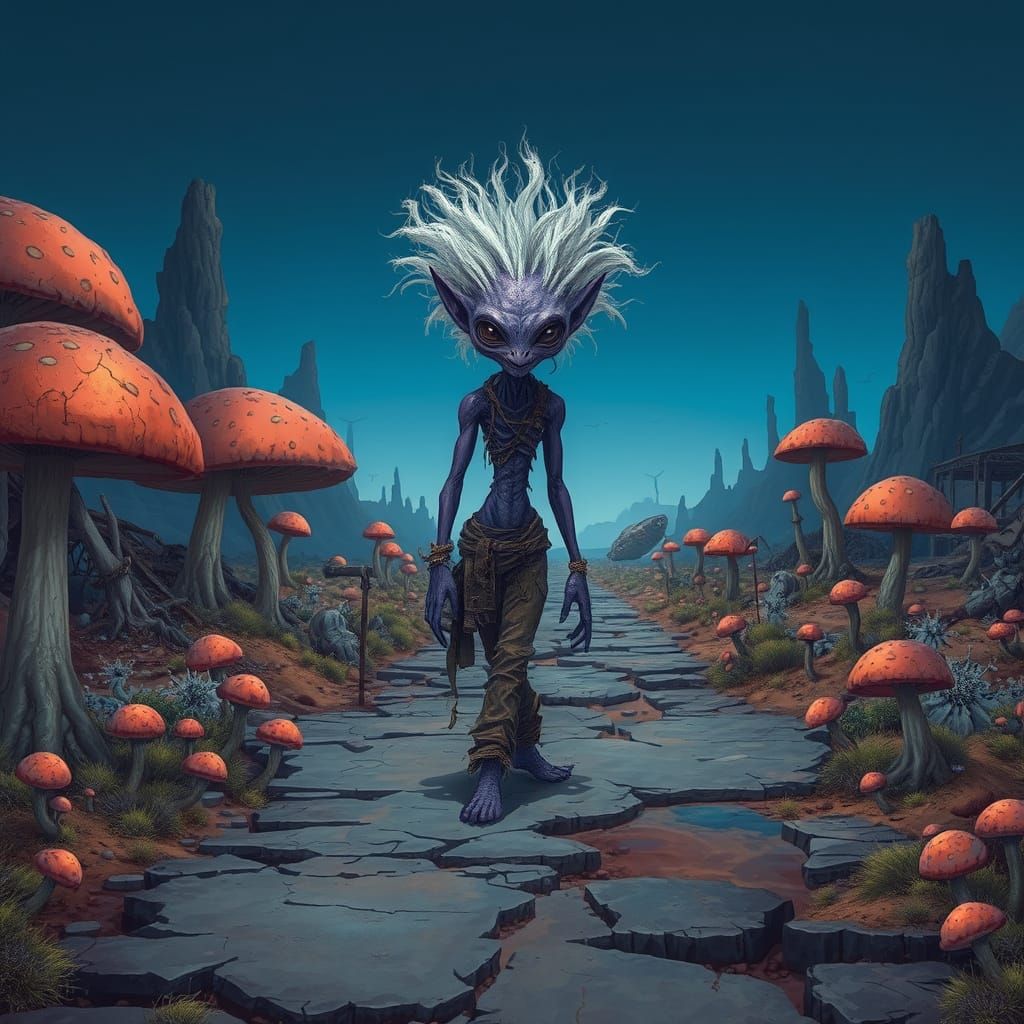 Lone Alien Wanders Distant Road Amidst Fungal Ruins