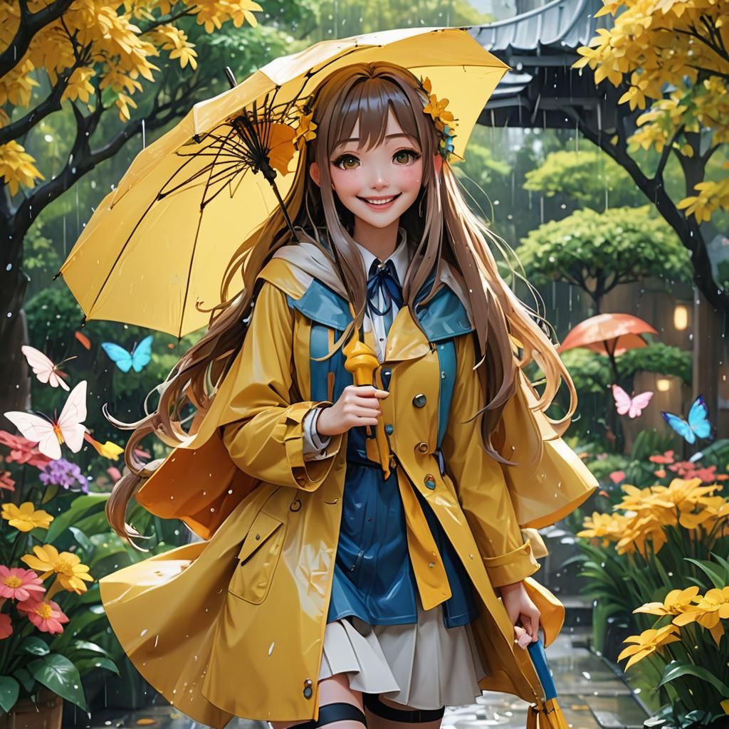 Happy Fairy Girl in Rainy Garden, 3D Anime Style