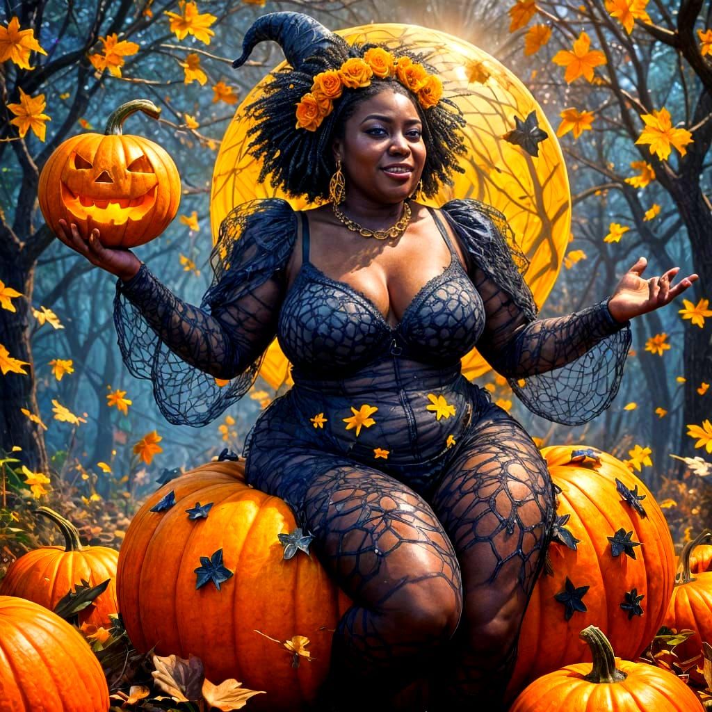 Chubby African Witch Flies on Pumpkin, Detailed Art