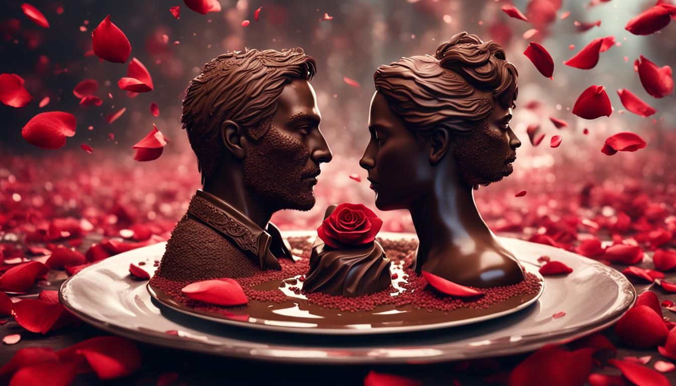 Chocolate Couple Sculpture with Rose Petals
