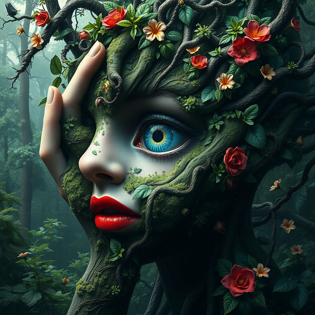 Surreal Human Face Dissolving Into Organic Framework