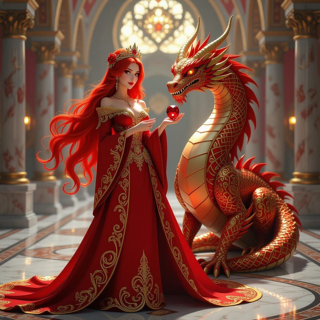 Red Dragon and Gothic Woman in Marble Hall