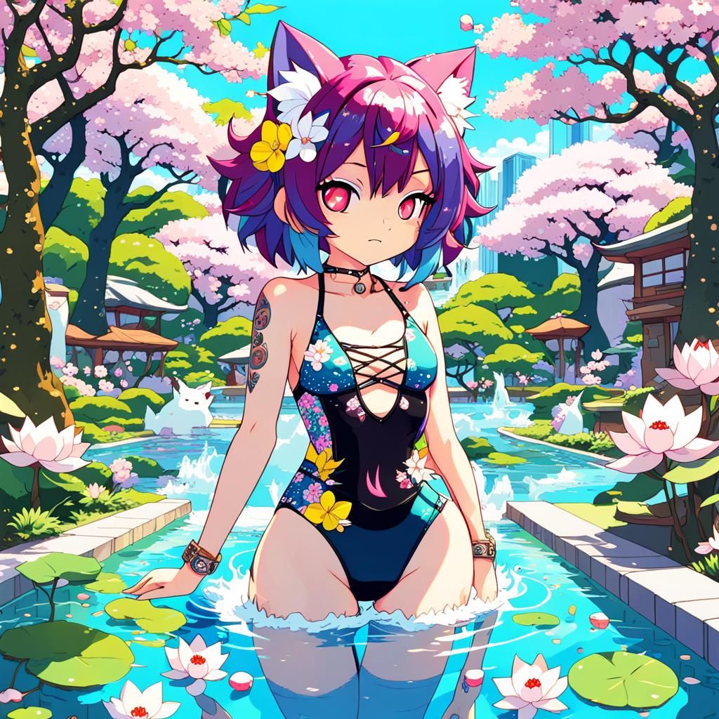 Kawaii Neko Girl in Anime-Inspired Maximalist Scene