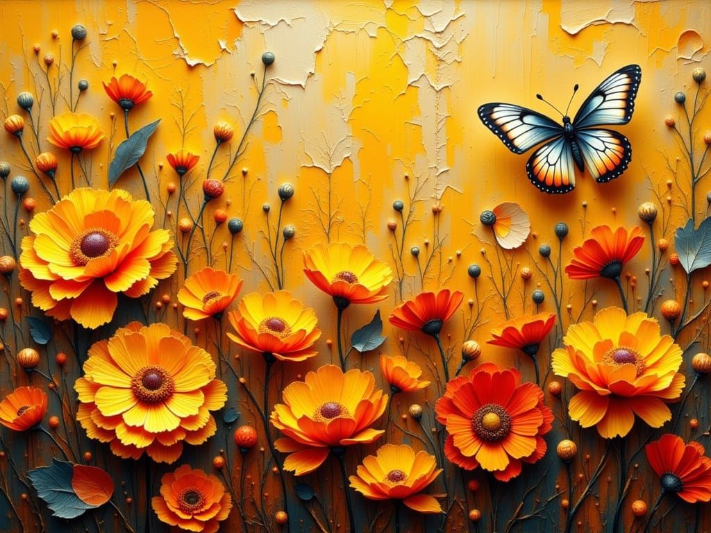 Butterfly and Golden Flowers in Impasto Style