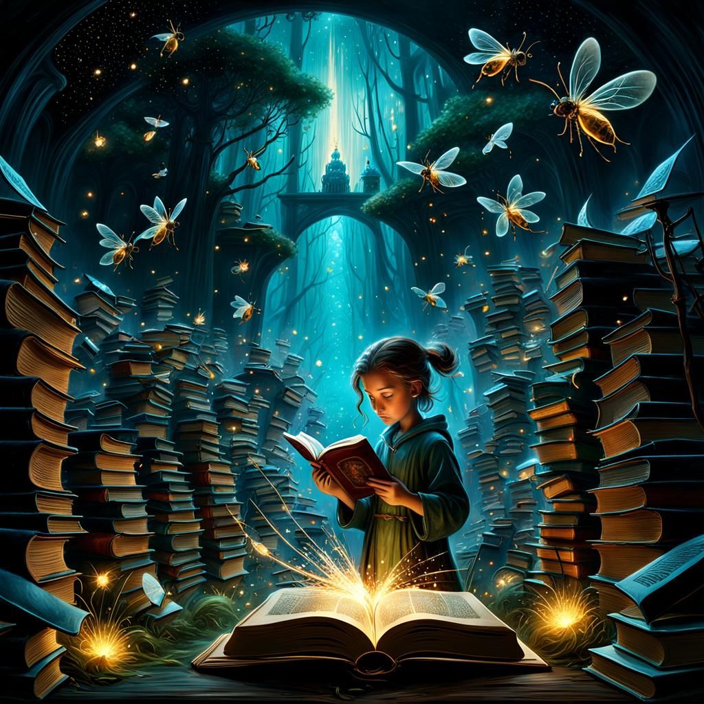 Mystical Portal Book With Flying Fireflies