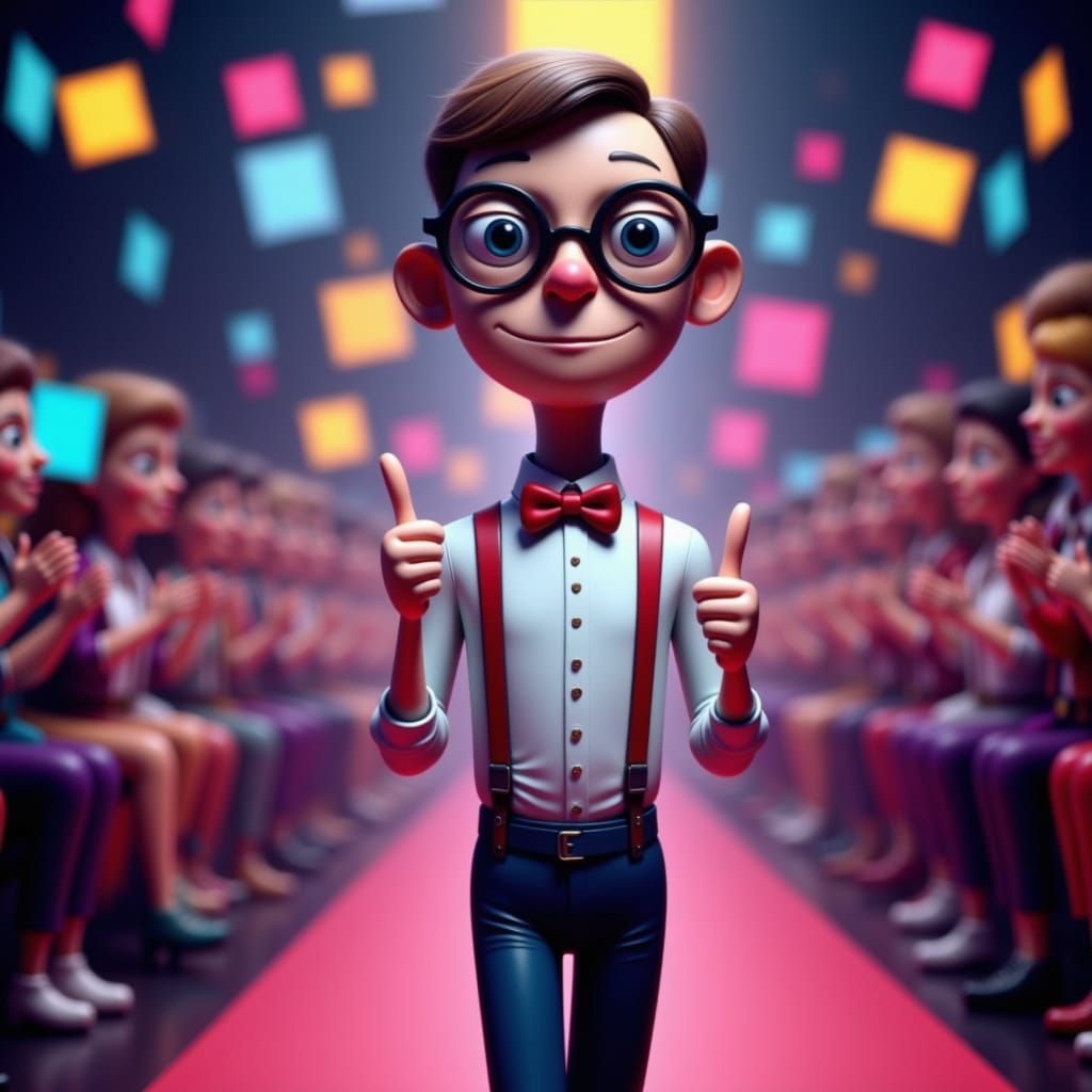 <lora:Abstract Art Objects:1.0>A classic nerd on a runway, wearing oversized round black glasses, white shirt, red bow t...