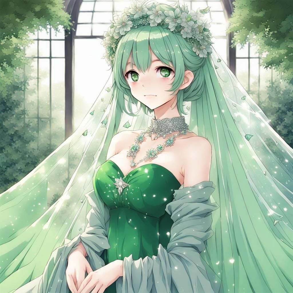 Anime Girl in Green Dress with Glitter Effect