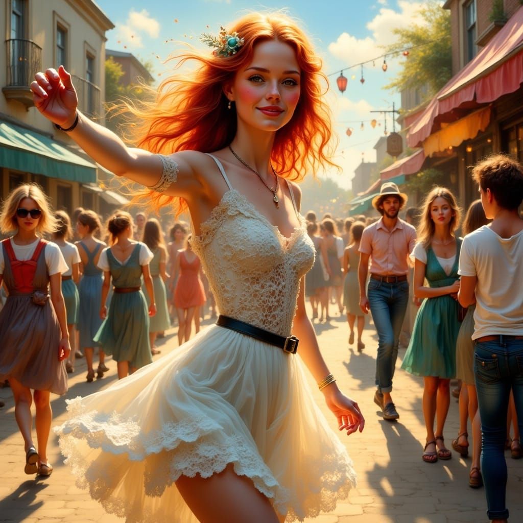 Irish Woman Dancing at Spring Fair in Crochet Dress