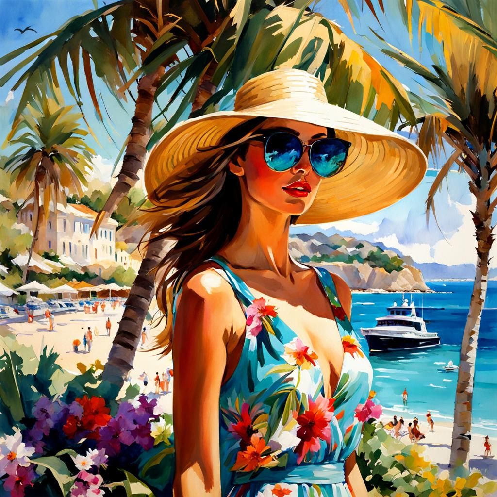 Woman on Beach with Teal Water, Watercolor Style