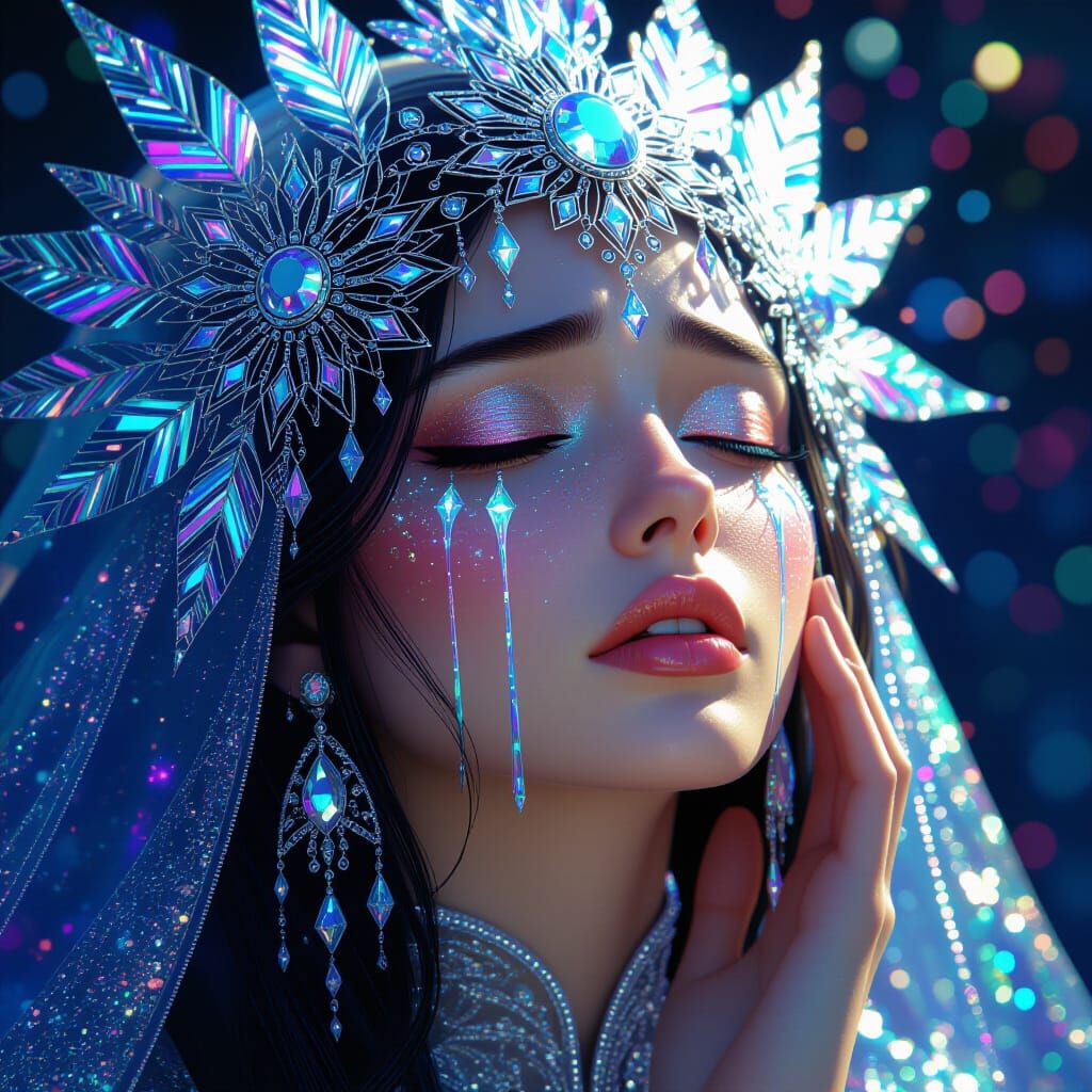Chrome Goddess Weeping Stardust Tears in Art Nouveau Style