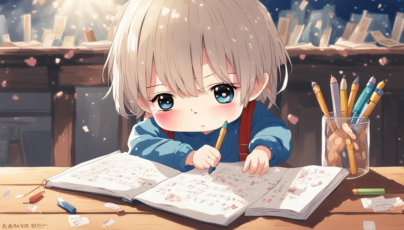 Anime Crying Baby Writing Poems