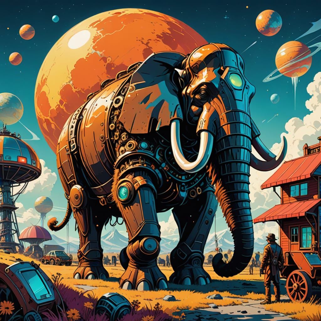 Steampunk Mammoth in a Retro-Futuristic Pop Art Style