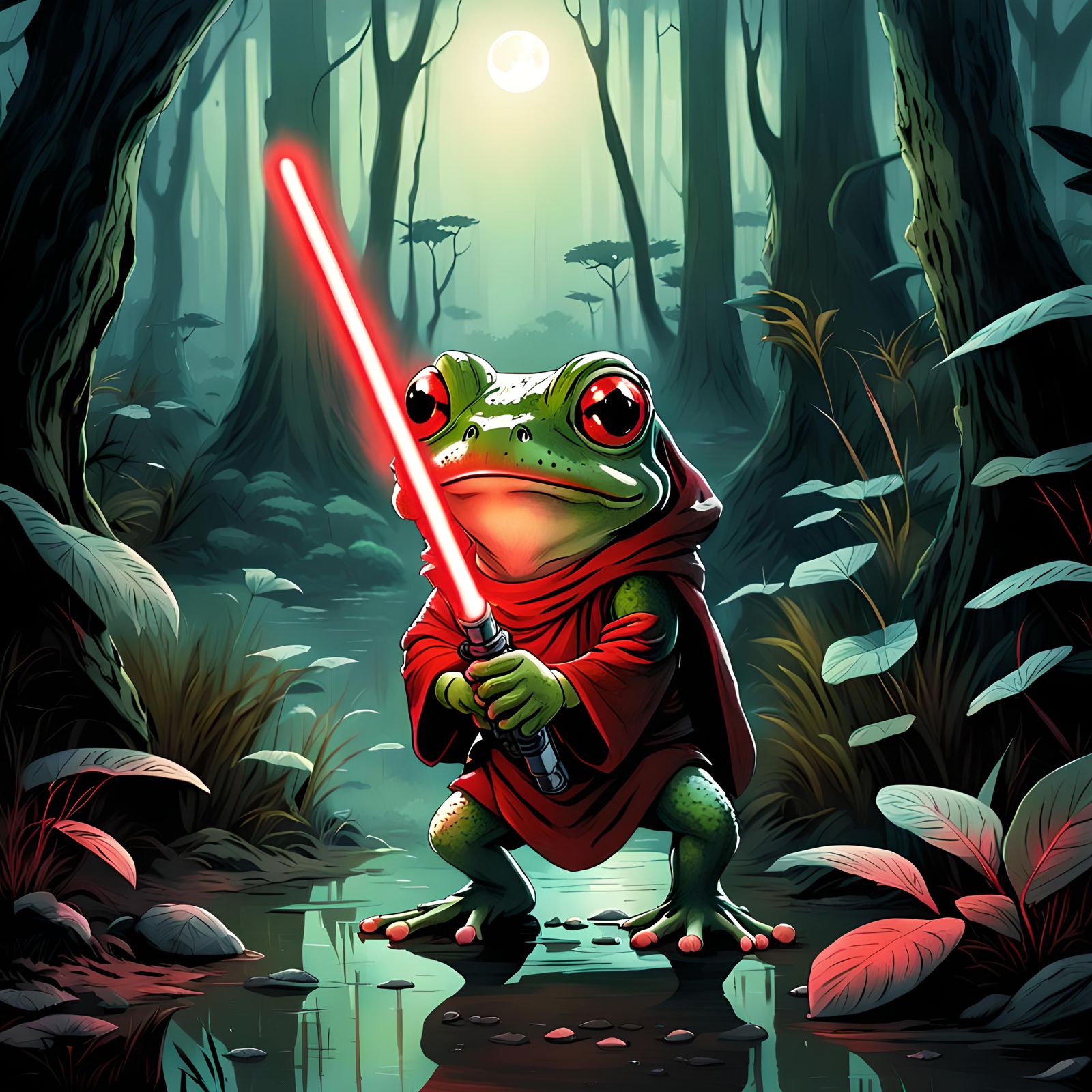 Chibi Frog Lightsaber Duel on Dagobah in Manga Style