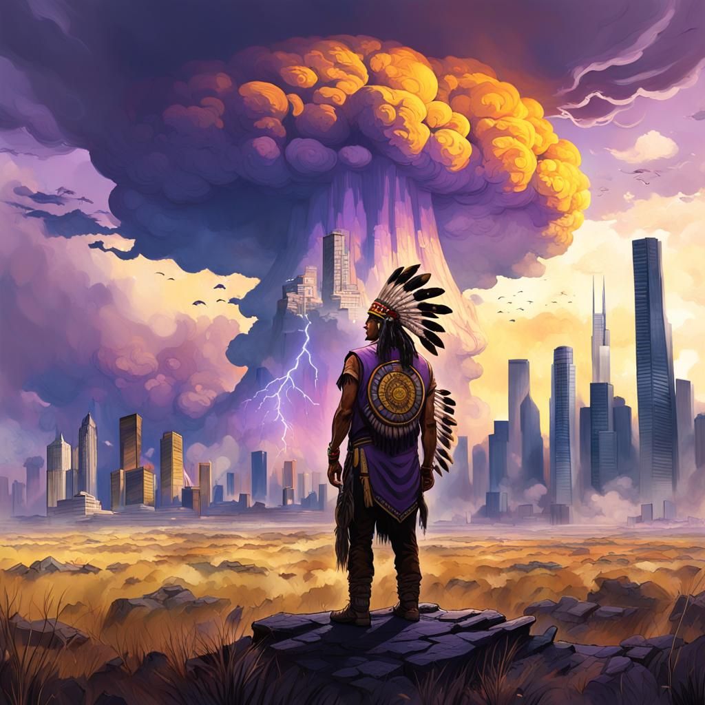Proud Native American Stares Down Apocalyptic Skyscrapers in...