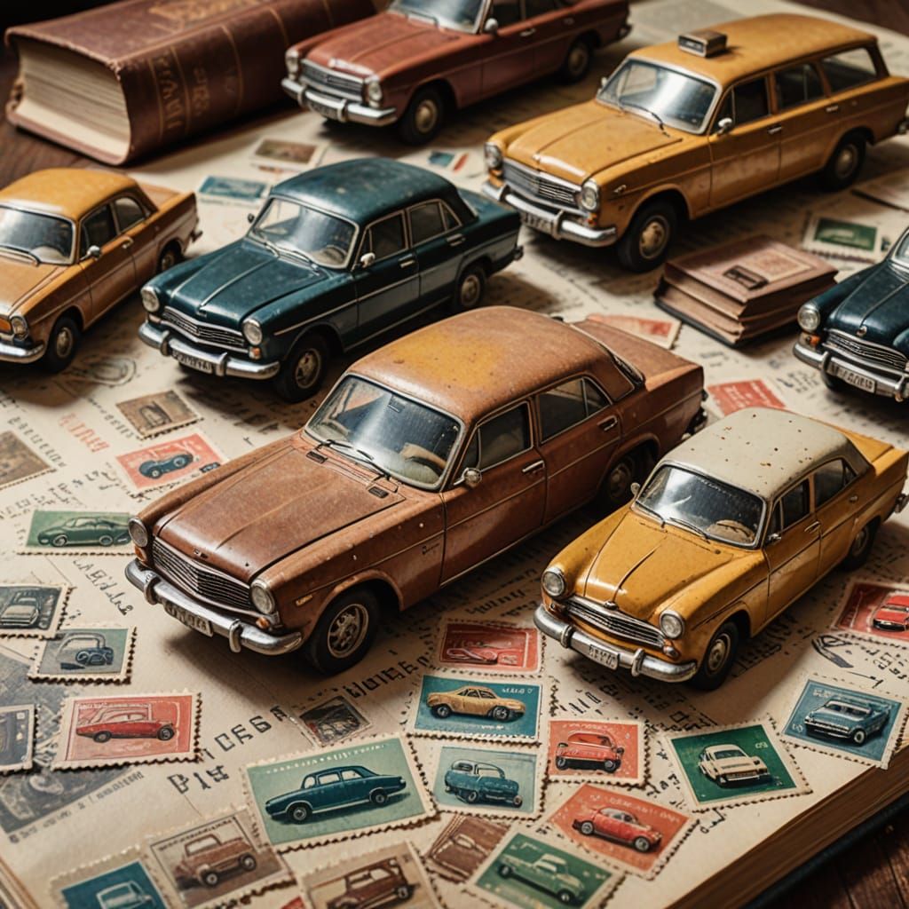 Car Stamps on Old Book in Oil Painting Style