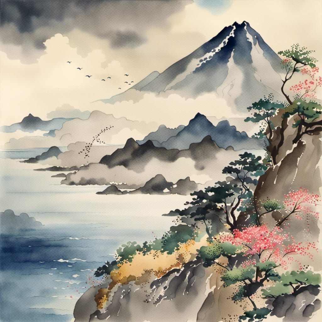 Watercolor Japanese Landscape with Mountains and Sea