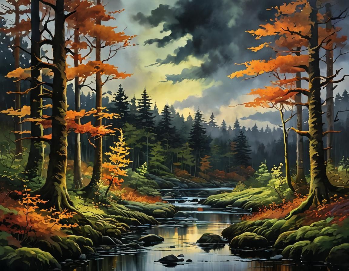 Autumn Forest River in Impressionist Gouache Style