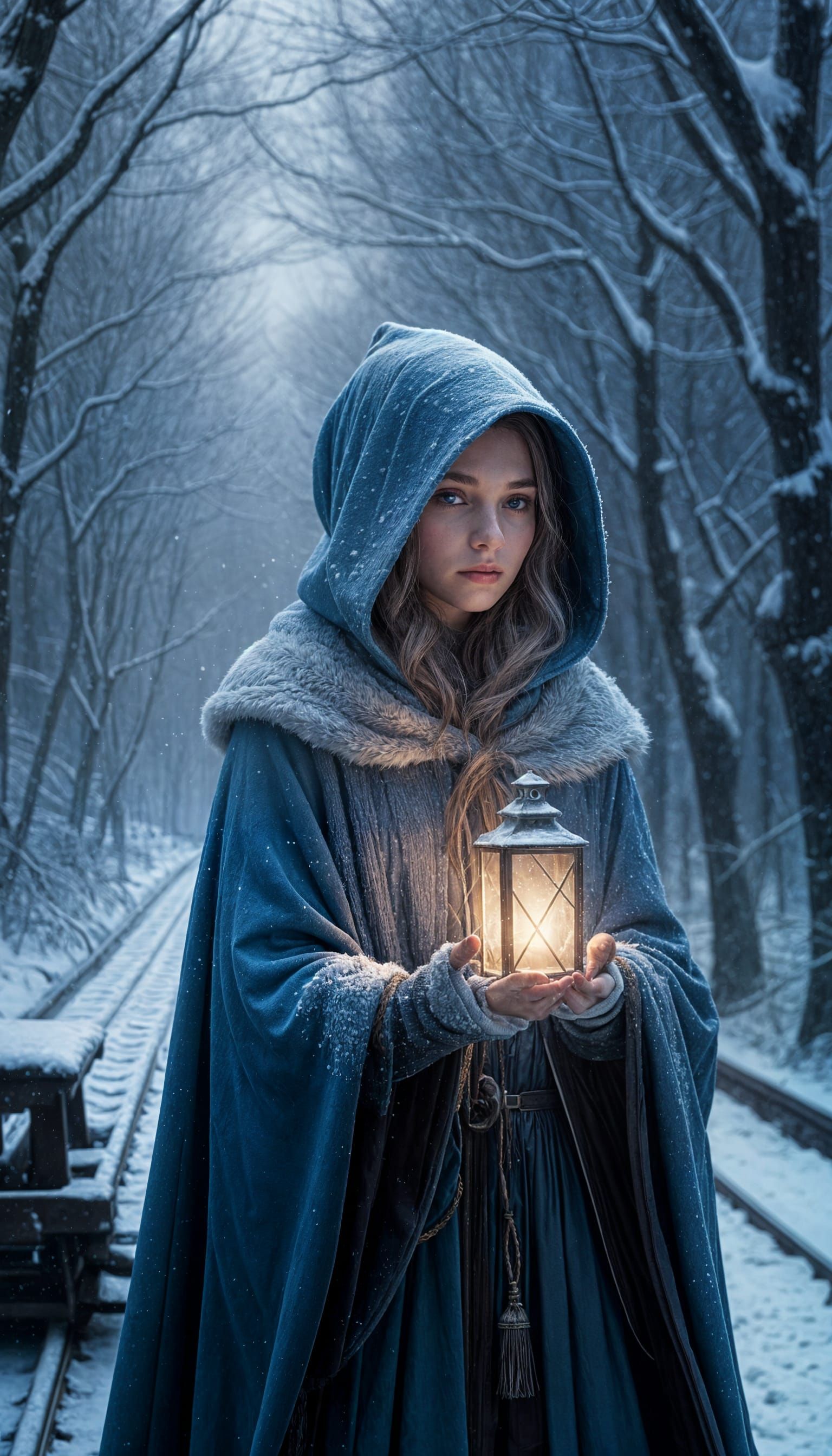 Young Witch Conjures Snowy Train Landscape in Hands