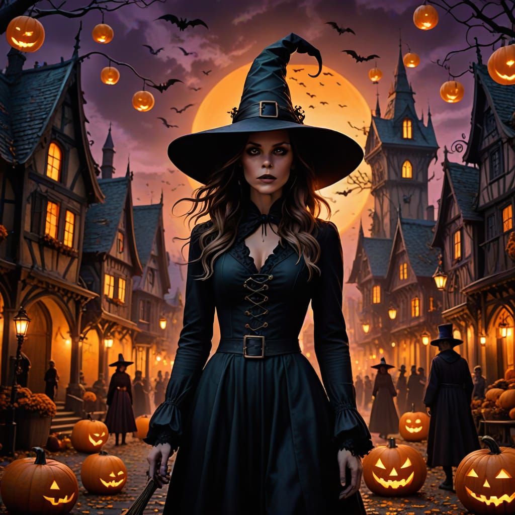 Kate Beckinsale as a Whimsical Witch in a Bustling Halloween...