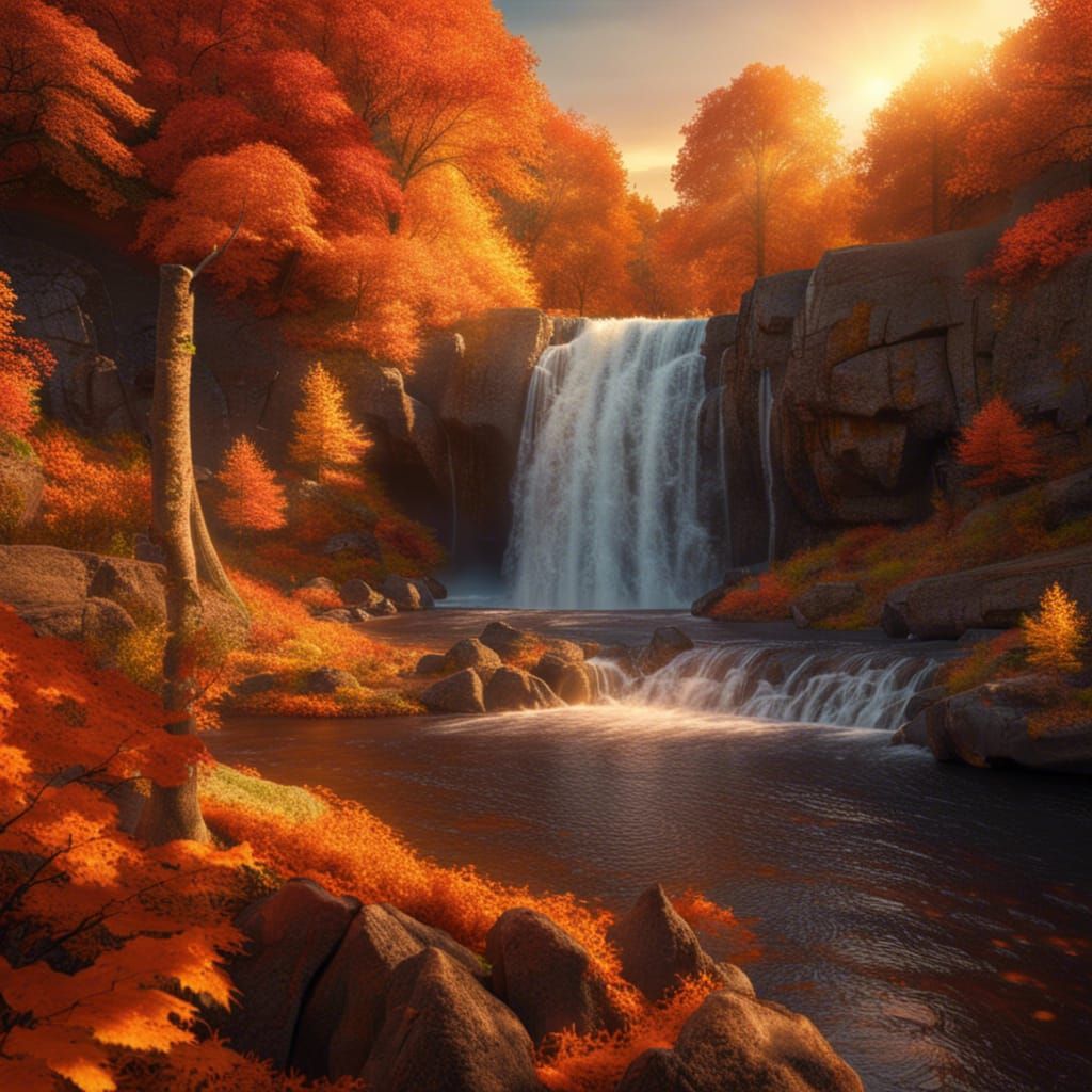 Stunning Photorealistic Autumn Waterfall at Sunset