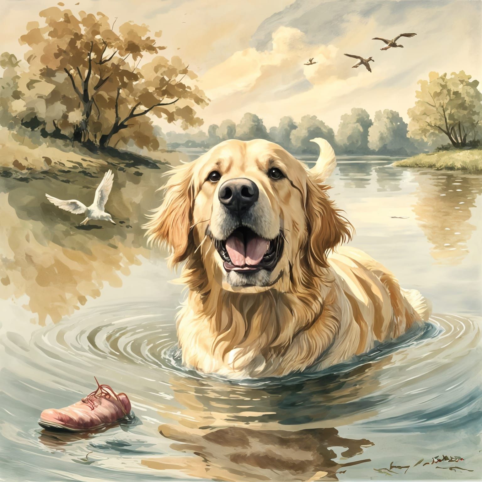 Golden Retriever Swimming in Lake, Illustration Style