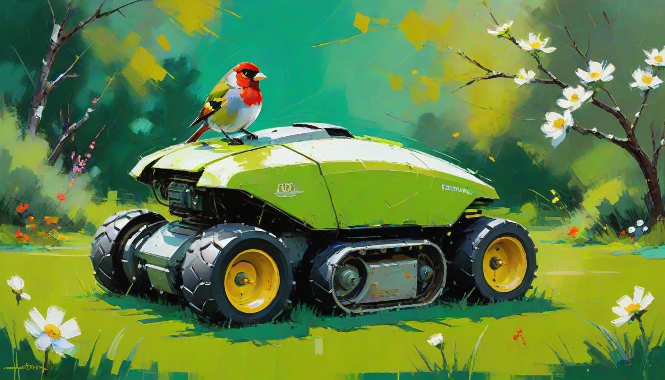 Finch on Robot Mower in Surreal Garden