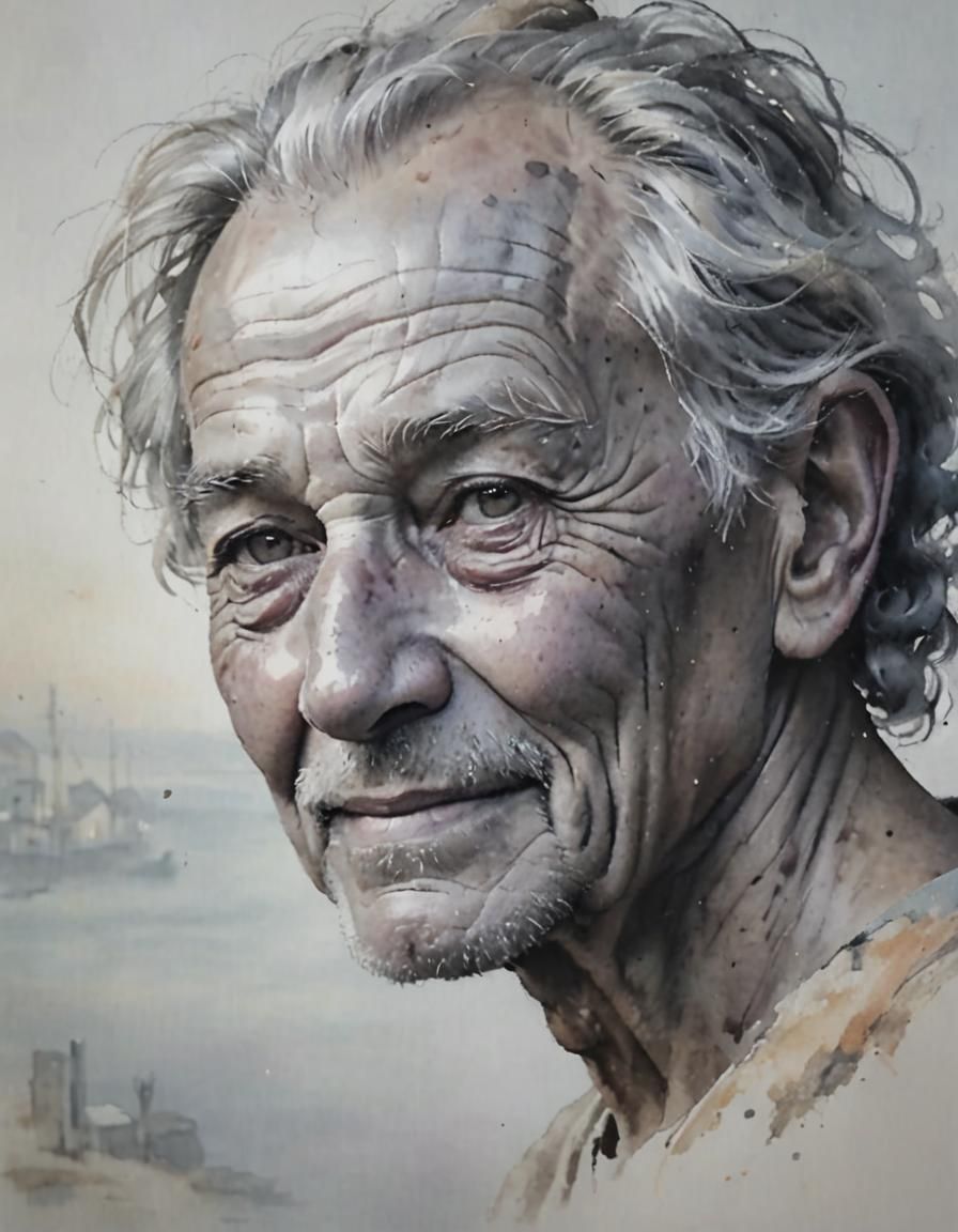 Warmly Smiling Elderly Man Gazing at Sunset