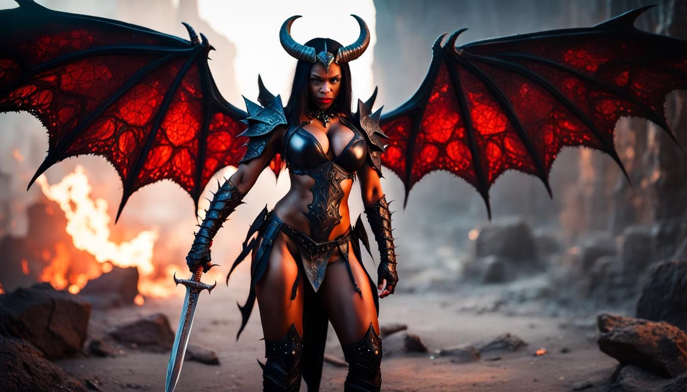 Fiery Black Demoness with Sword in Desolate Abyss