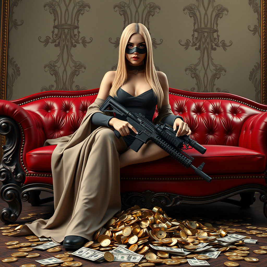 Striking Woman with Machine Gun on Baroque Sofa