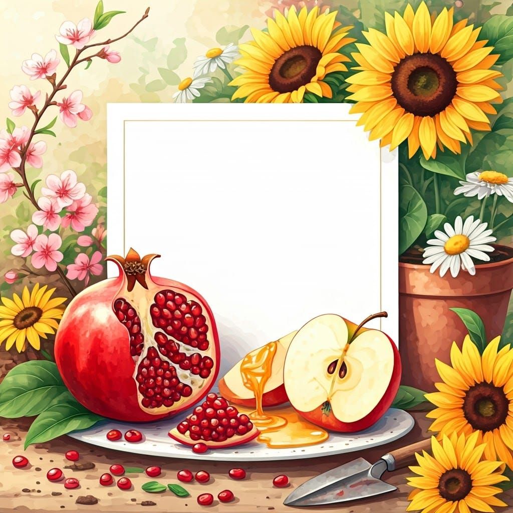 Watercolor Still Life with Pomegranate, Apple, and Flowers