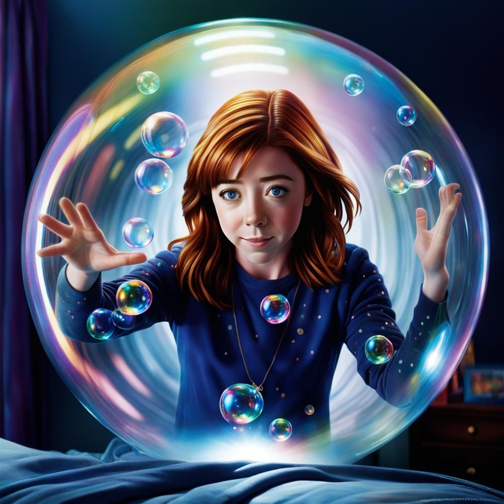 Photorealistic Young Woman Trapped in Magical Bubble