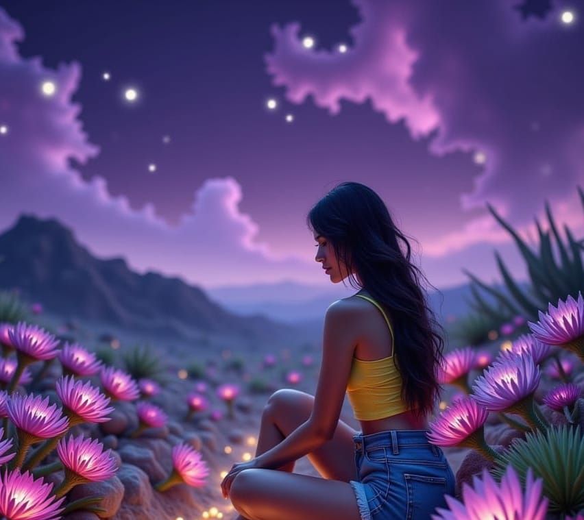 Magical Desert Woman with Glowing Succulents