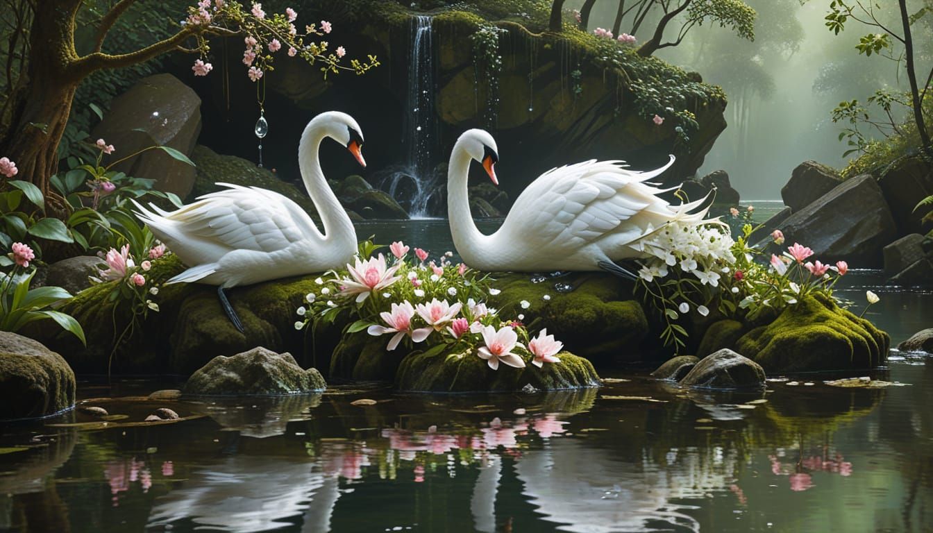 Hyperrealistic Flower Swans Still Life on Rocky Islet