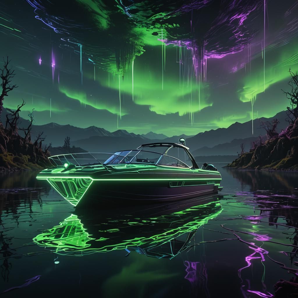 Neon Green Boat on Black Lake at Night