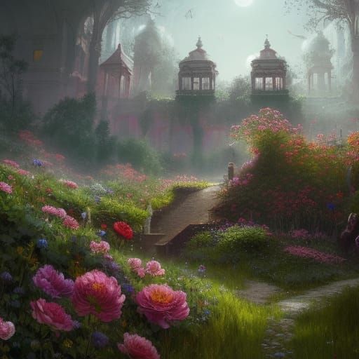 Hyperdetailed Flower Garden in Dark Fantasy Style