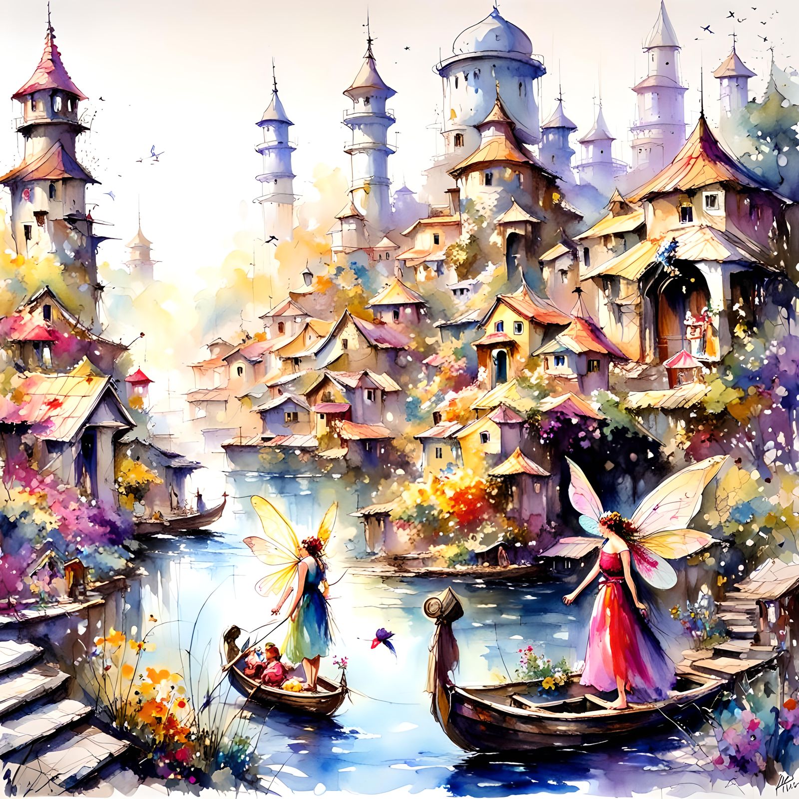 Whimsical  fairy village, by Pino Daeni, Hyperrealistic, hyp...