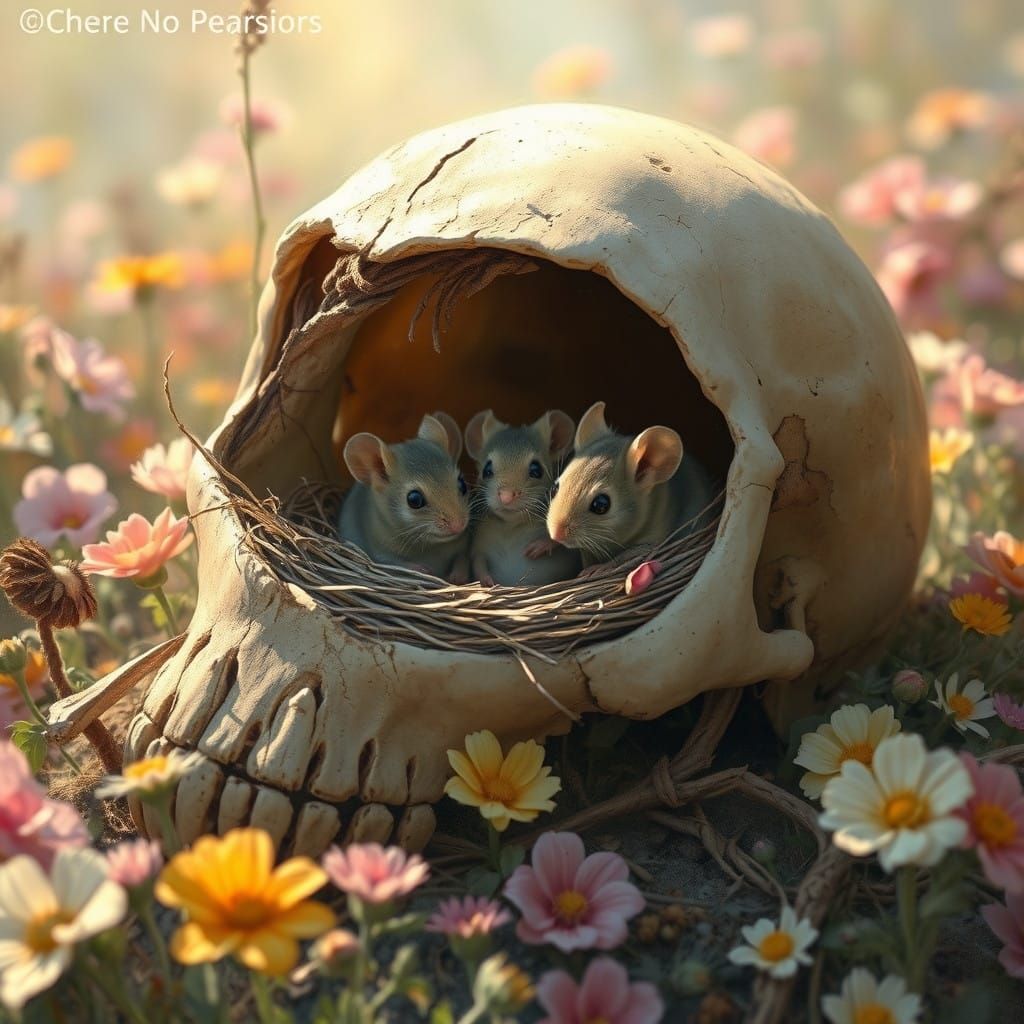 Mice in a Whimsical Floral Skull Nest