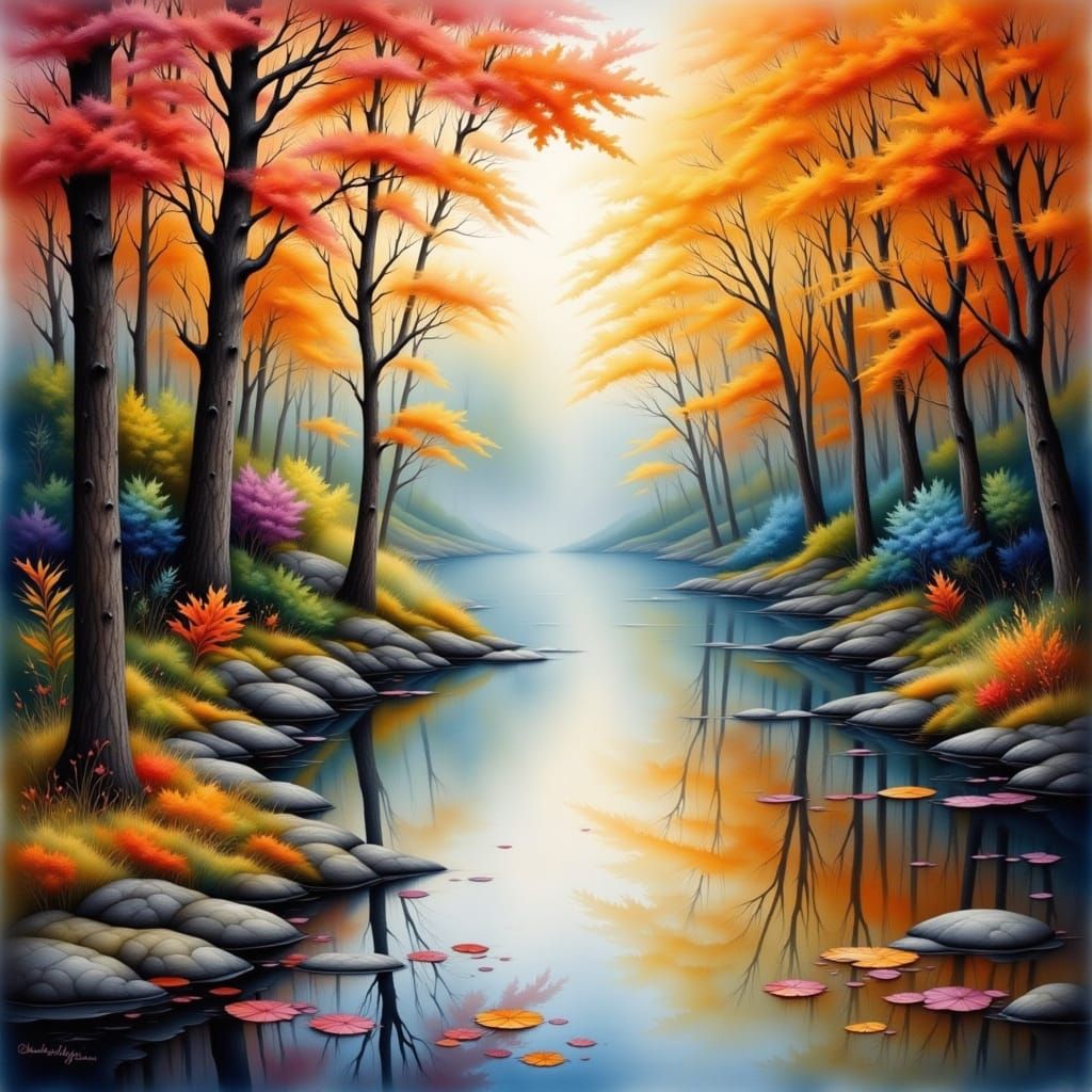 Serene Autumn Lake in Antique Watercolor Style