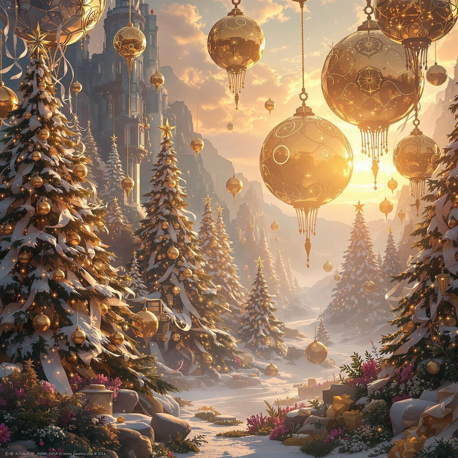Majestic Christmas Valley with Golden Orbs