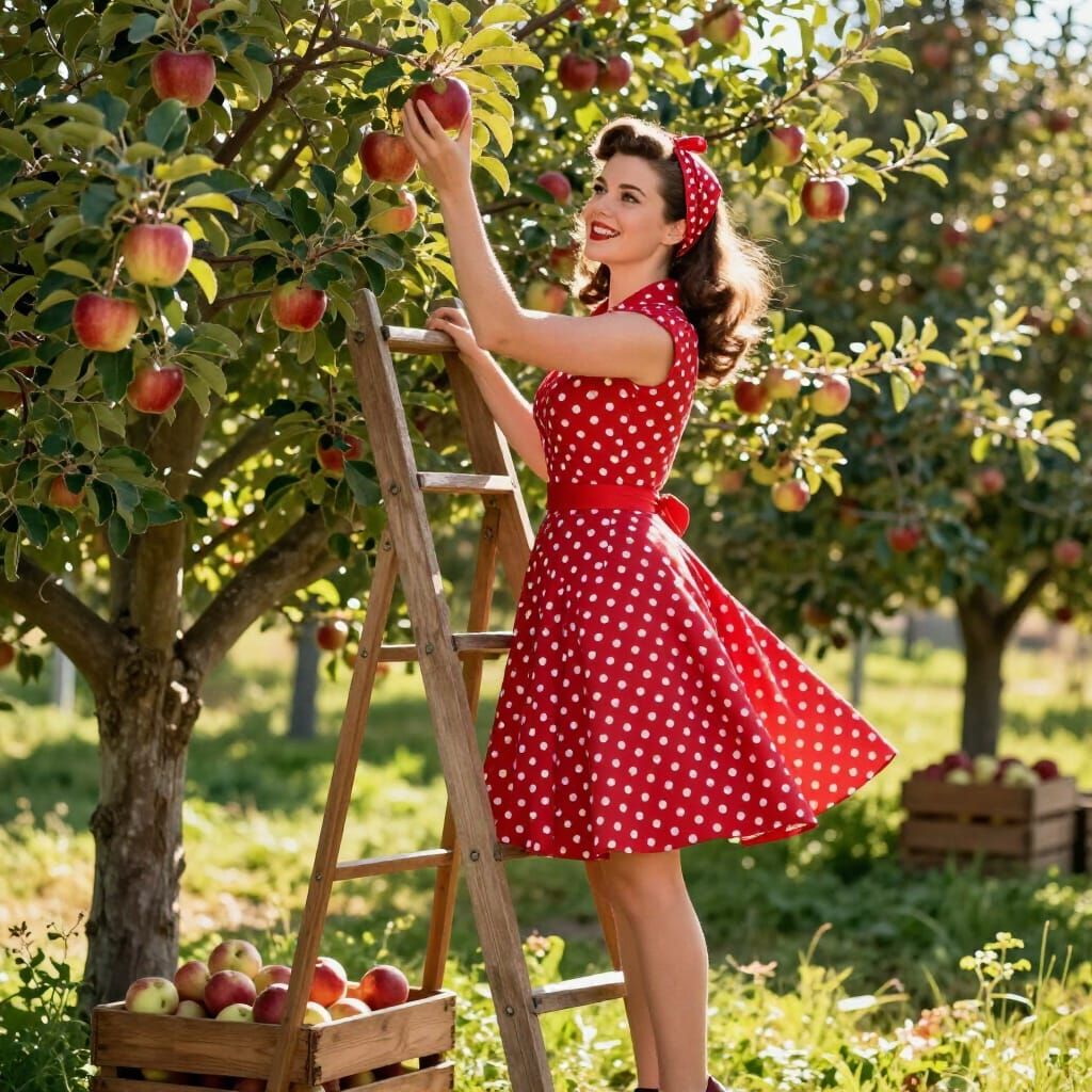 1950s Pin-Up Woman Picks Apples in Orchard